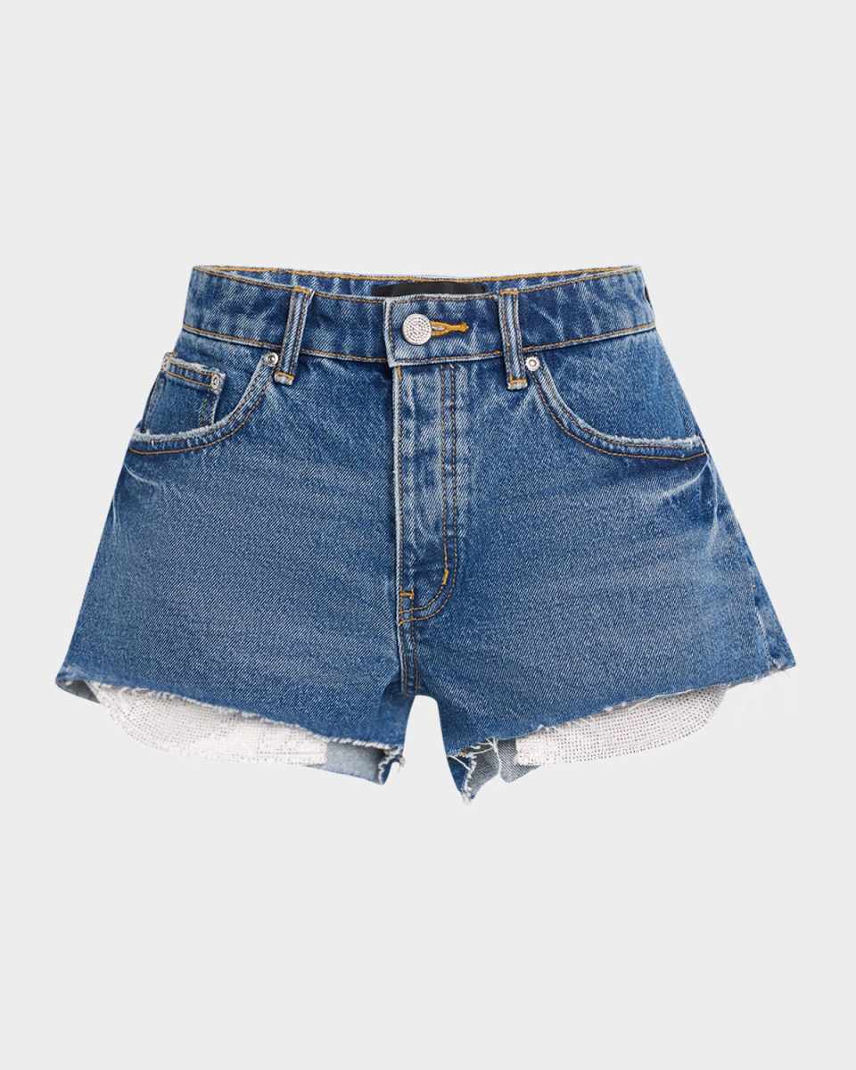 Cut-Off Denim Shorts with Rhinestone Pockets
